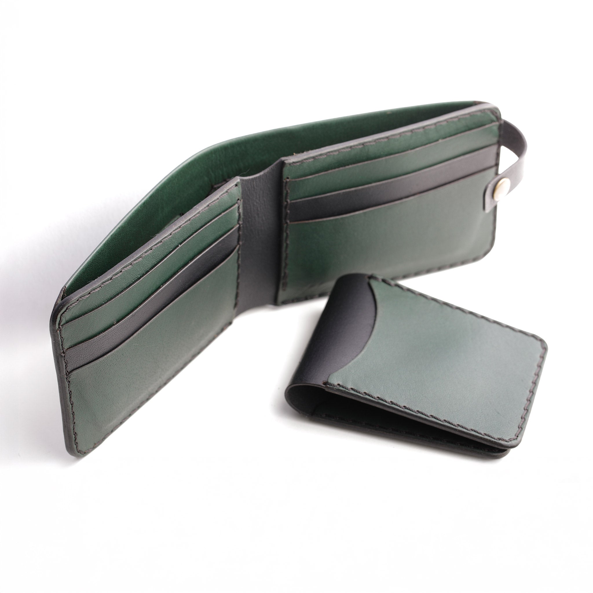 The Nexus Bifold Split-Carry: 2-in-1 Dual-Tone Leather Wallet with Removable Card Holder - Dark Green/Black