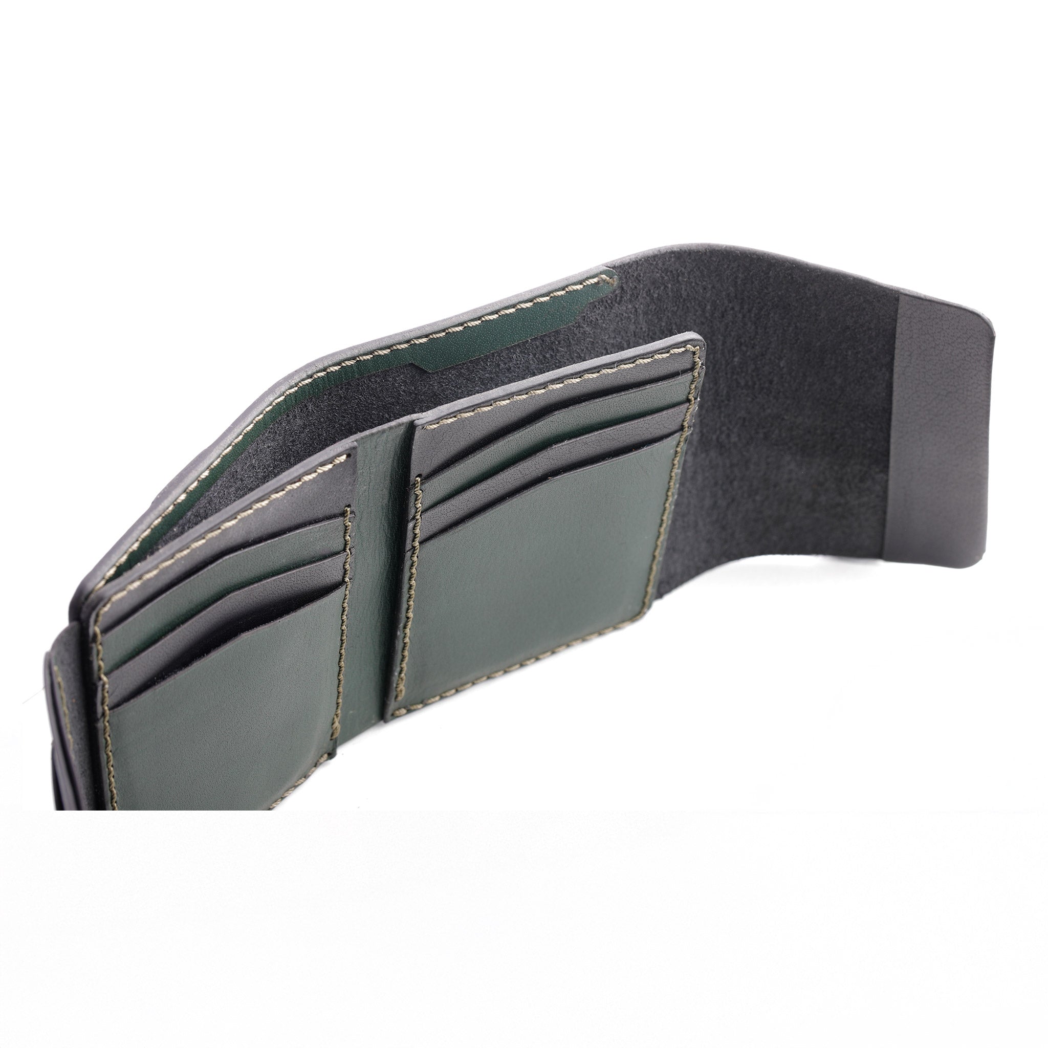 trifold wallet, cash compartment, secure wallet, matte black and green