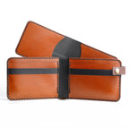 An interior view of The Nexus leather bifold, highlighting the 12+ card capacity and the inner card holder slot. 12-plus card capacity wallet, slim leather bifold, front pocket friendly, handmade leather goods