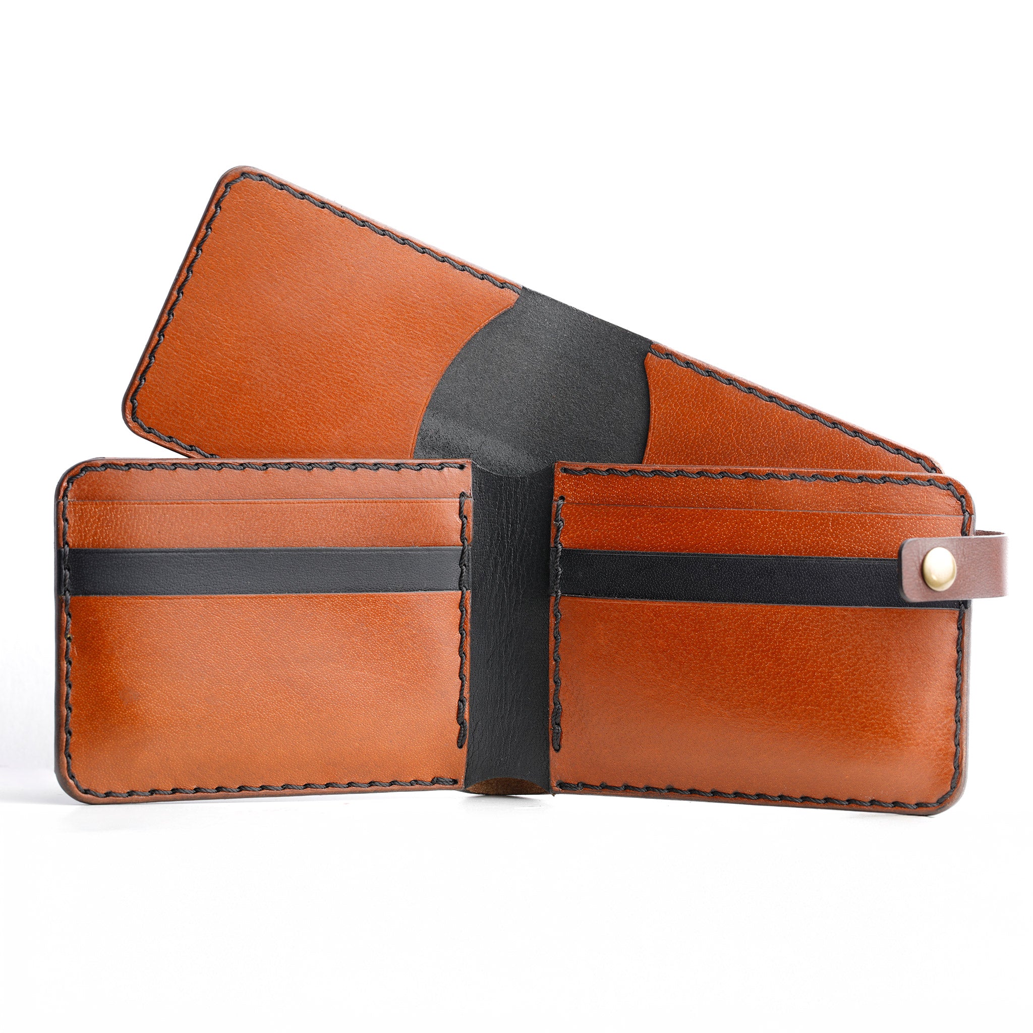 An interior view of The Nexus leather bifold, highlighting the 12+ card capacity and the inner card holder slot. 12-plus card capacity wallet, slim leather bifold, front pocket friendly, handmade leather goods