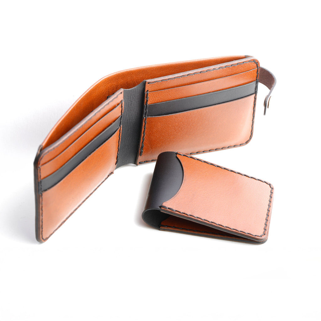 disassembled, showing the removable card holder separate from the main bifold wallet, highlighting the 2-in-1 function.