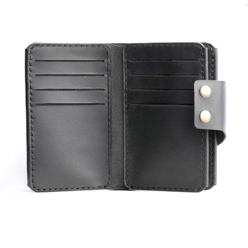 12 card slots wallet, cash compartment, 1 hidden slot, ID window, black leather wallet