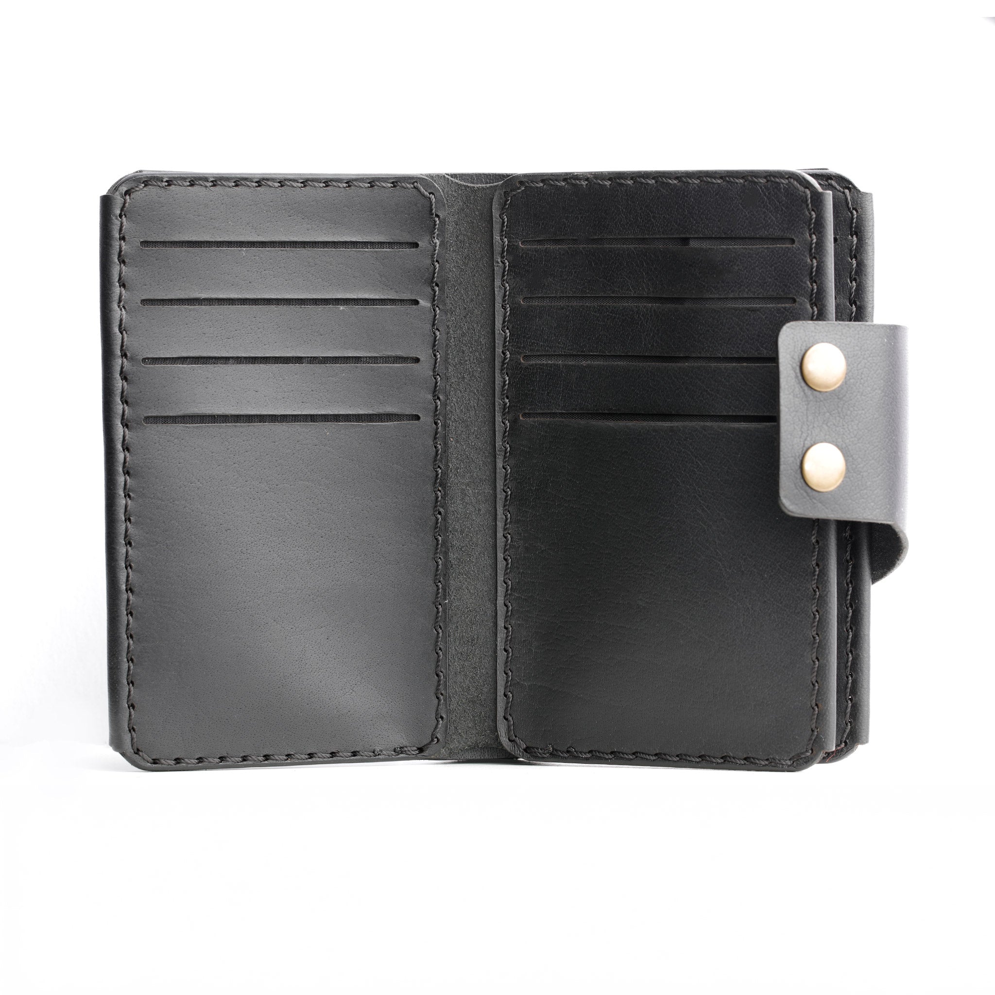 12 card slots wallet, cash compartment, 1 hidden slot, ID window, black leather wallet