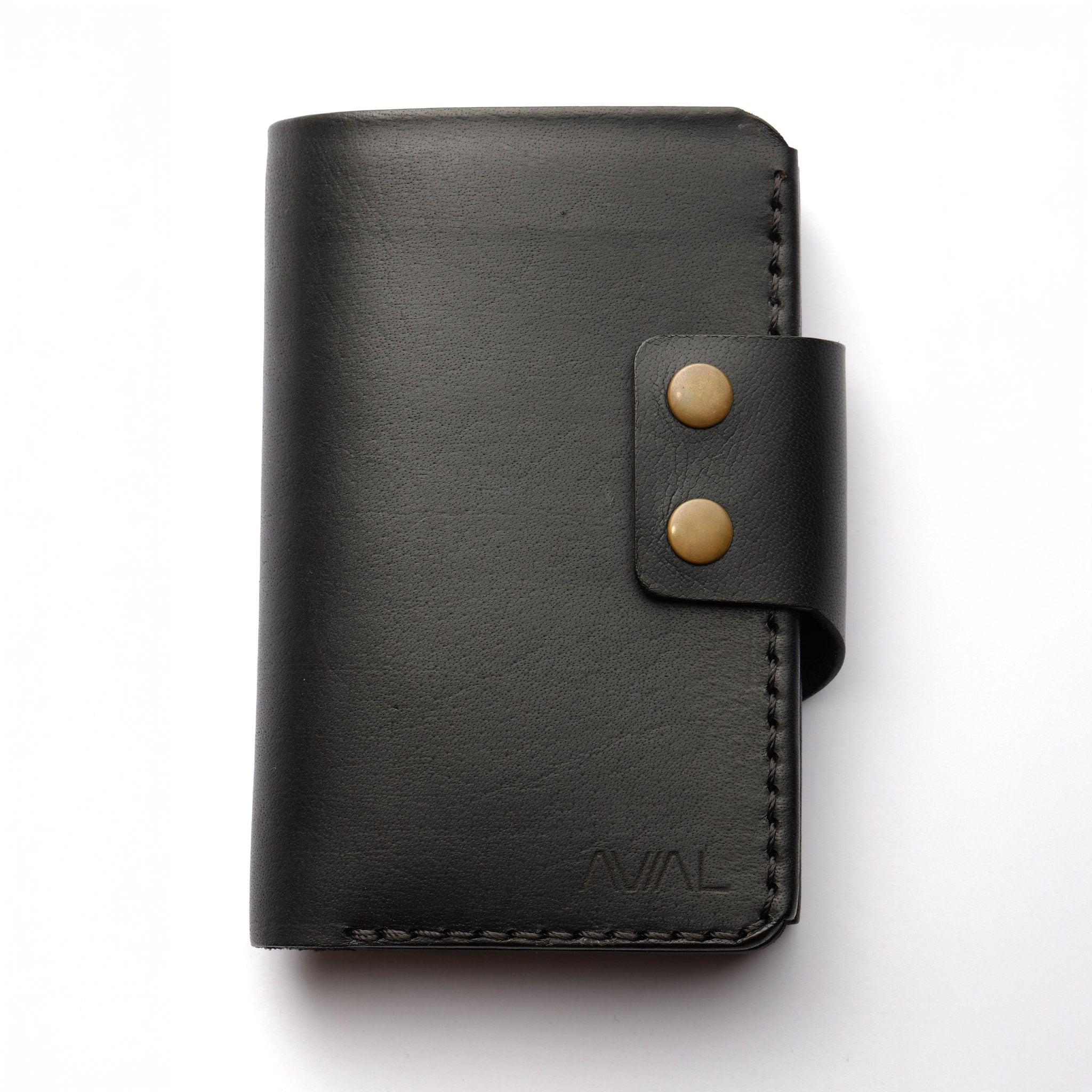 Black leather wallet with gold rivets on a white background maverick 2.2 black wallet, men's wallet, single color, luxury leather good