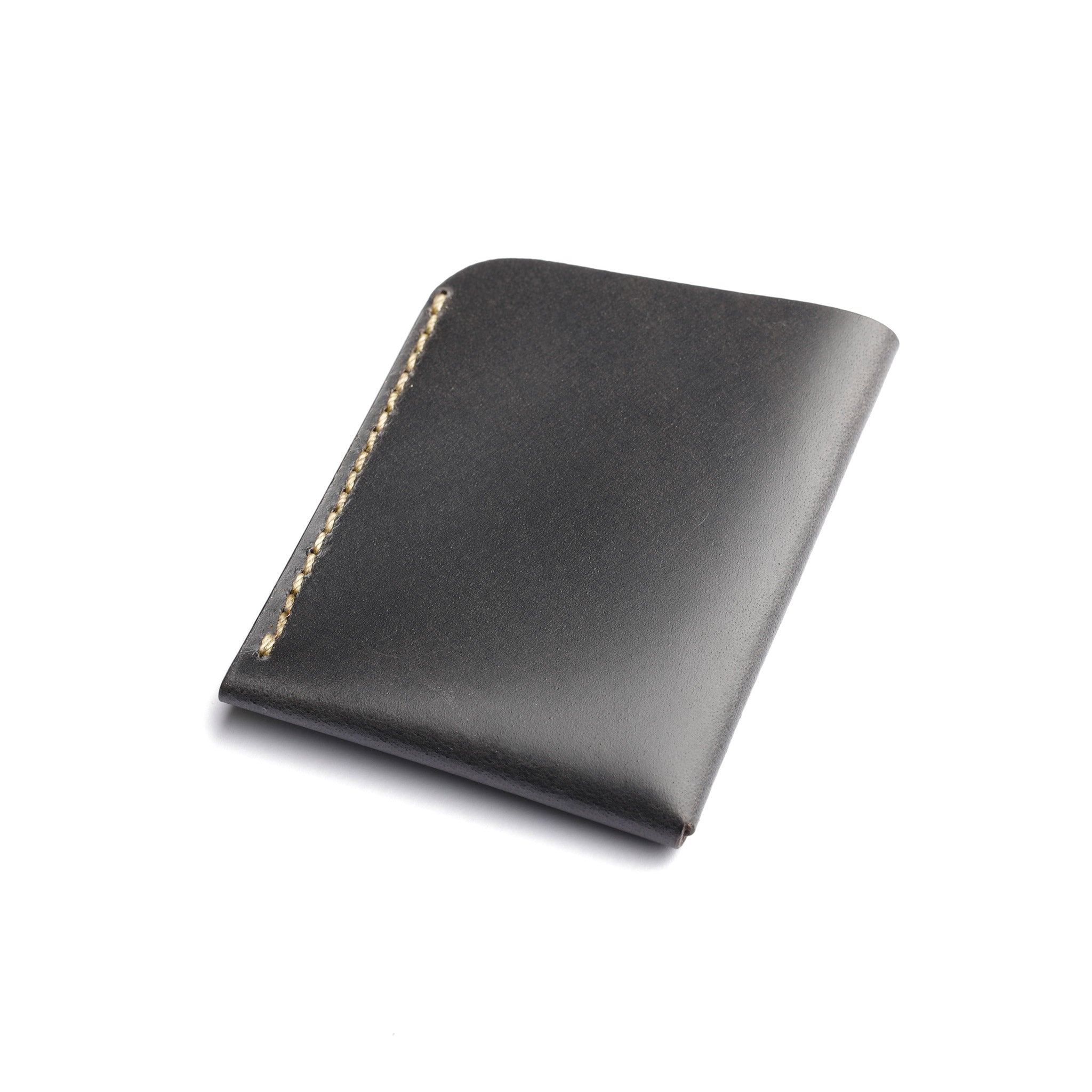 Black leather wallet with gold stitching on a white backgroun