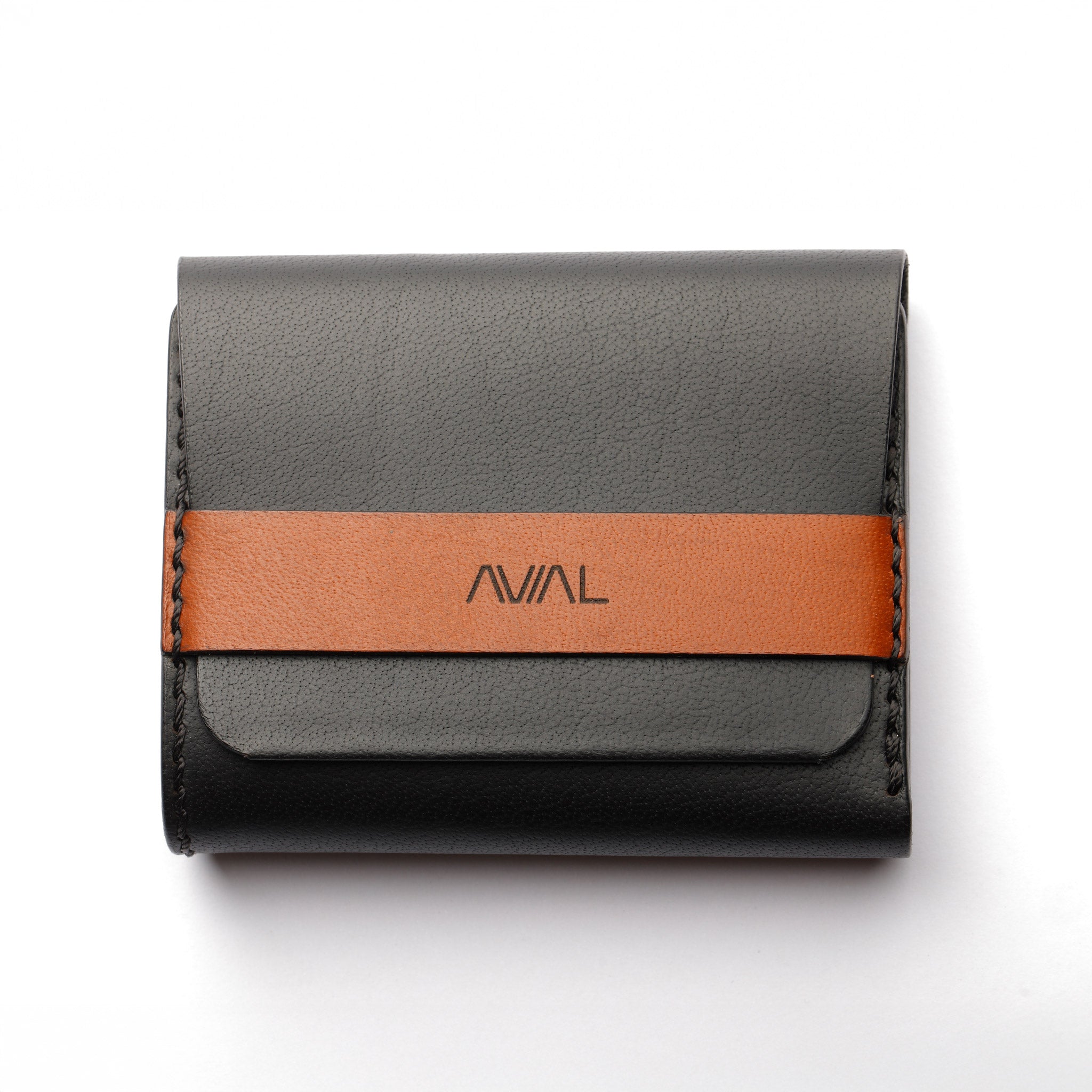 black wallet with a brown strap featuring the brand 'AVIAL' on a white background lockfold 1.0, trifold wallet, leather wallet, flap lock, black and matt tan