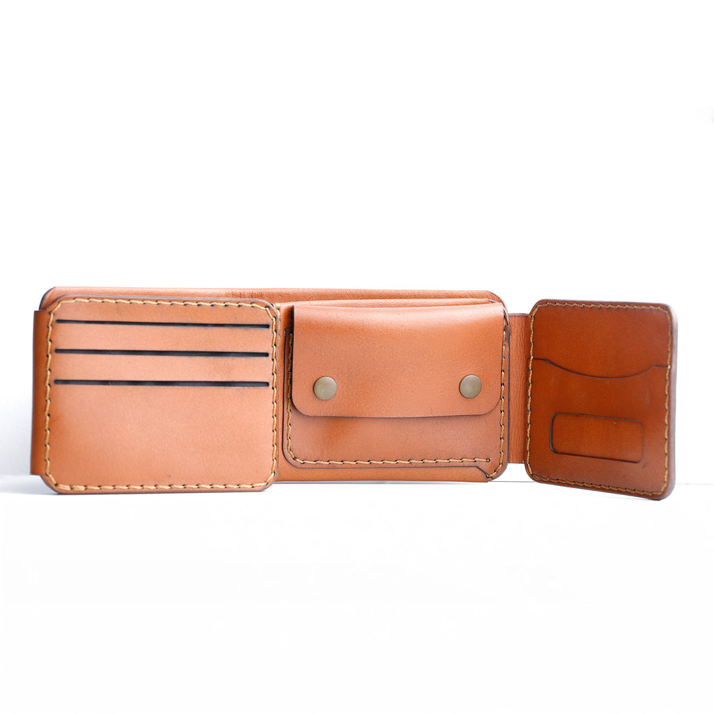 Handmade tanned leather wallet The Monarch craftsmanship, quality stitching, coin slot, id slot,