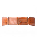 The Monarch 10-Slot Traveler closed wallet, slim profile, compact trifold design, classic tanned finish open view