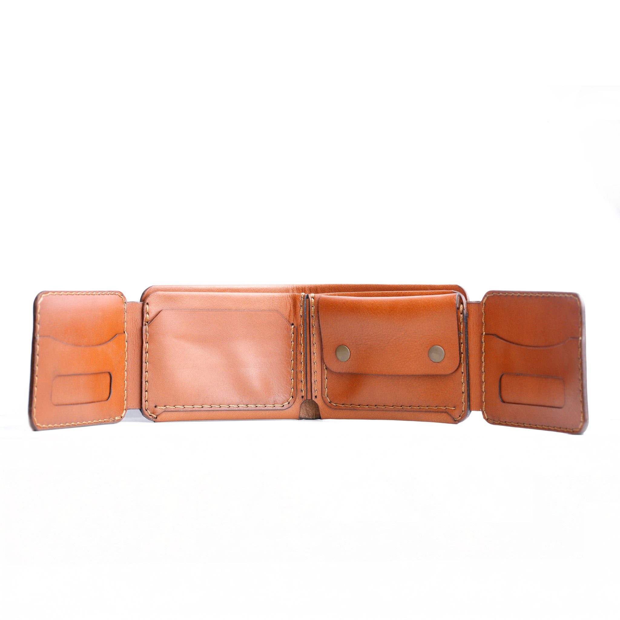 The Monarch 10-Slot Traveler closed wallet, slim profile, compact trifold design, classic tanned finish open view