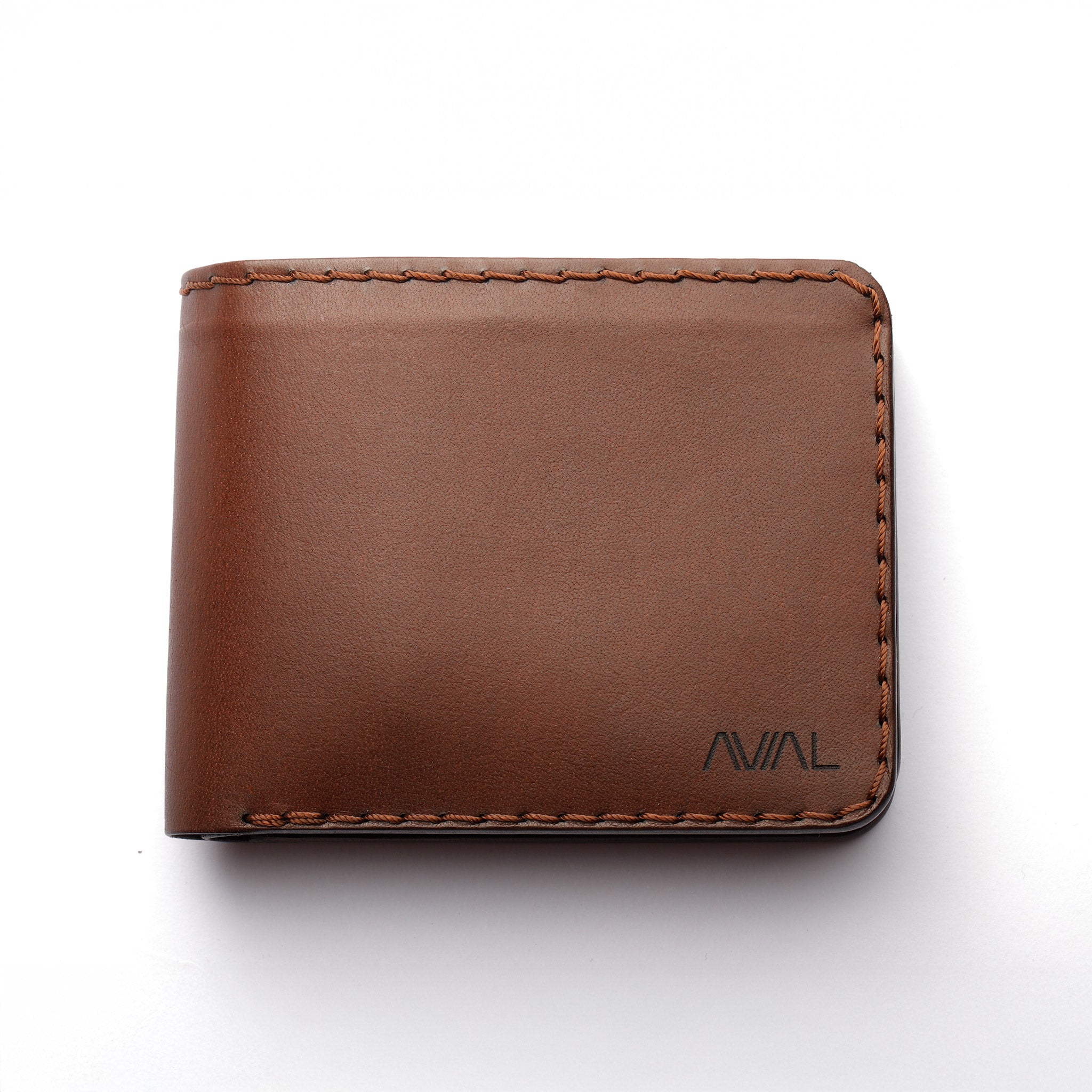 Brown leather wallet with 'AVIAL' branding on a white background