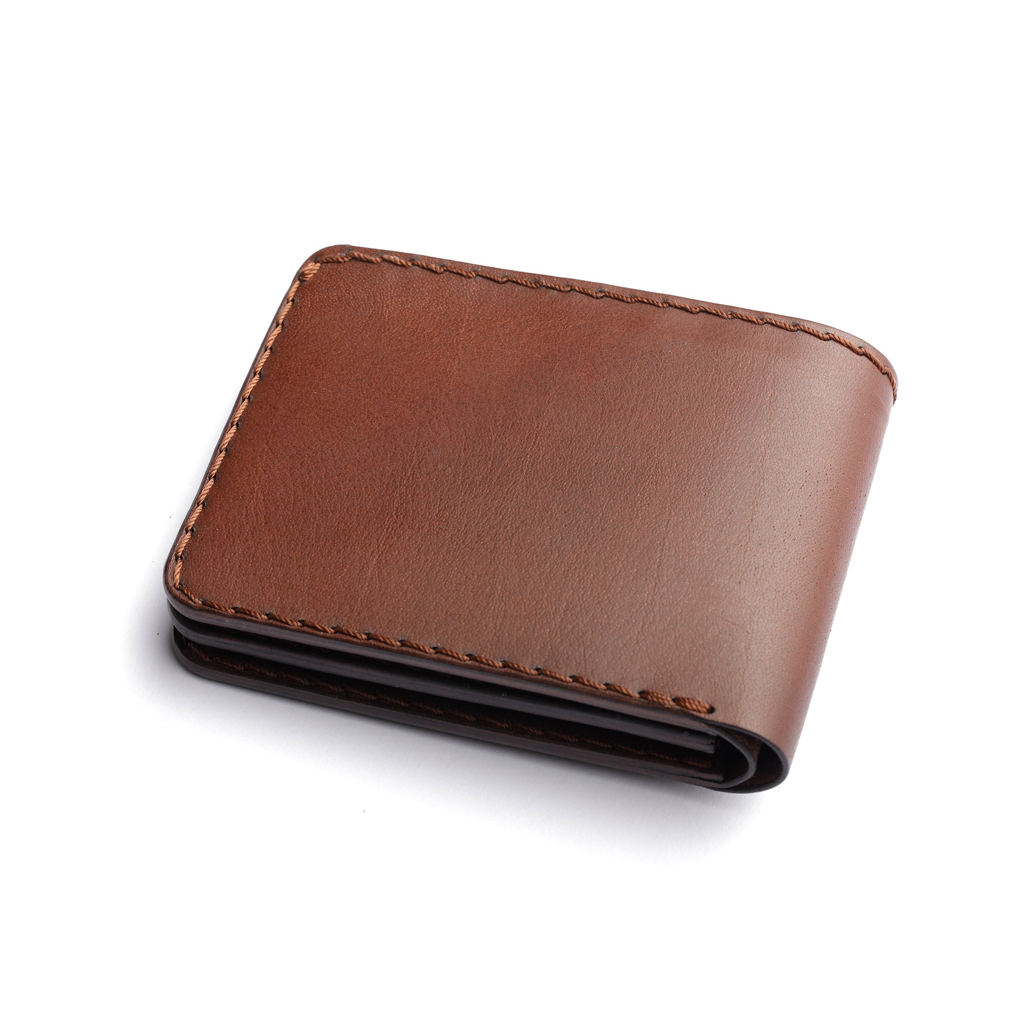 back side view of classic style brown wallet, men's leather wallet, signature style