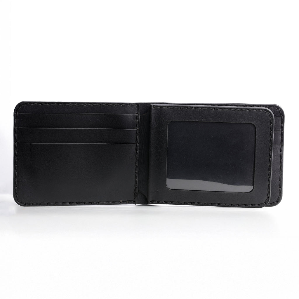 A close-up shot of the Bifold Three-Layer Wallet, showing the convenient ID window and organized card slots.
