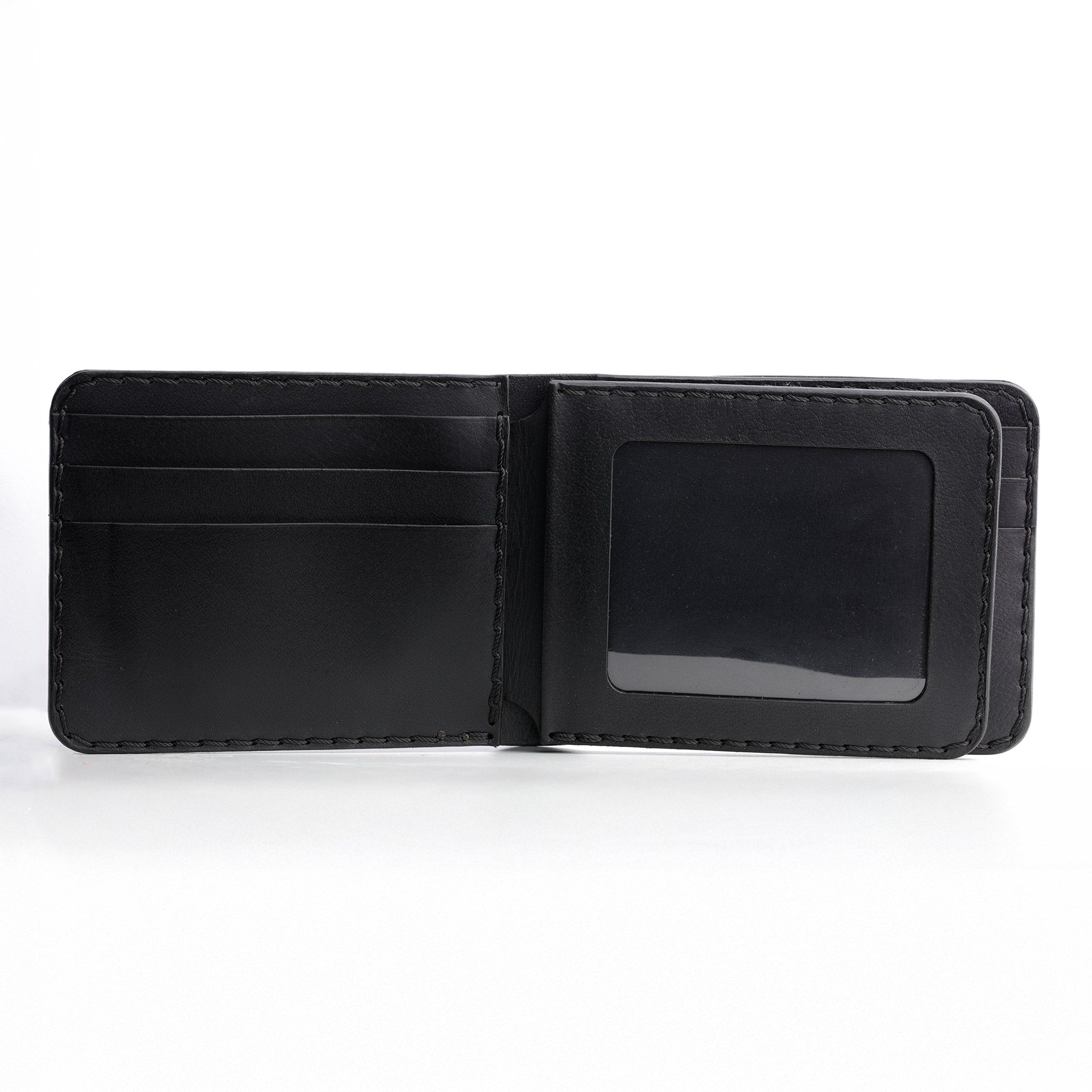  A close-up shot of the Bifold Three-Layer Wallet, showing the convenient ID window and organized card slots.