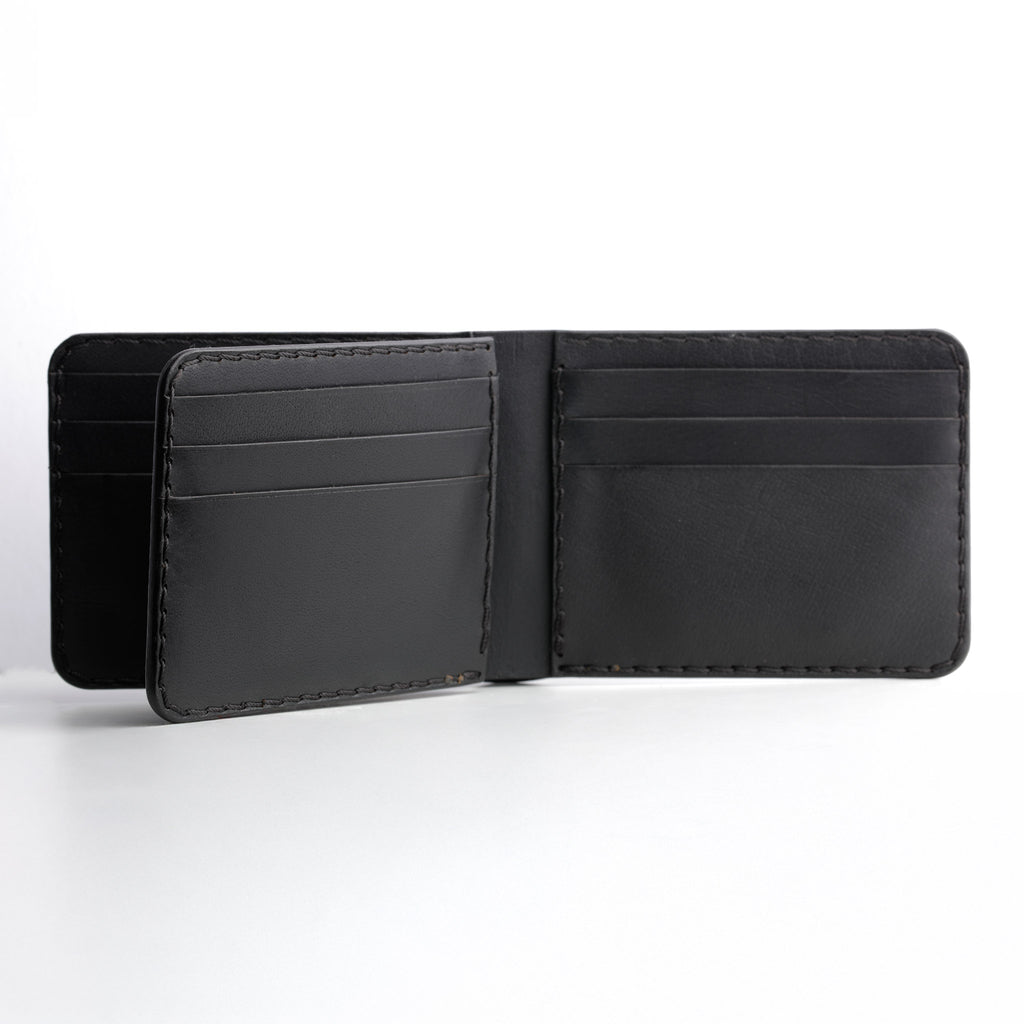 A close-up front view of the Black Luxury Bifold Three-Layer Leather Wallet, showcasing its rich texture.