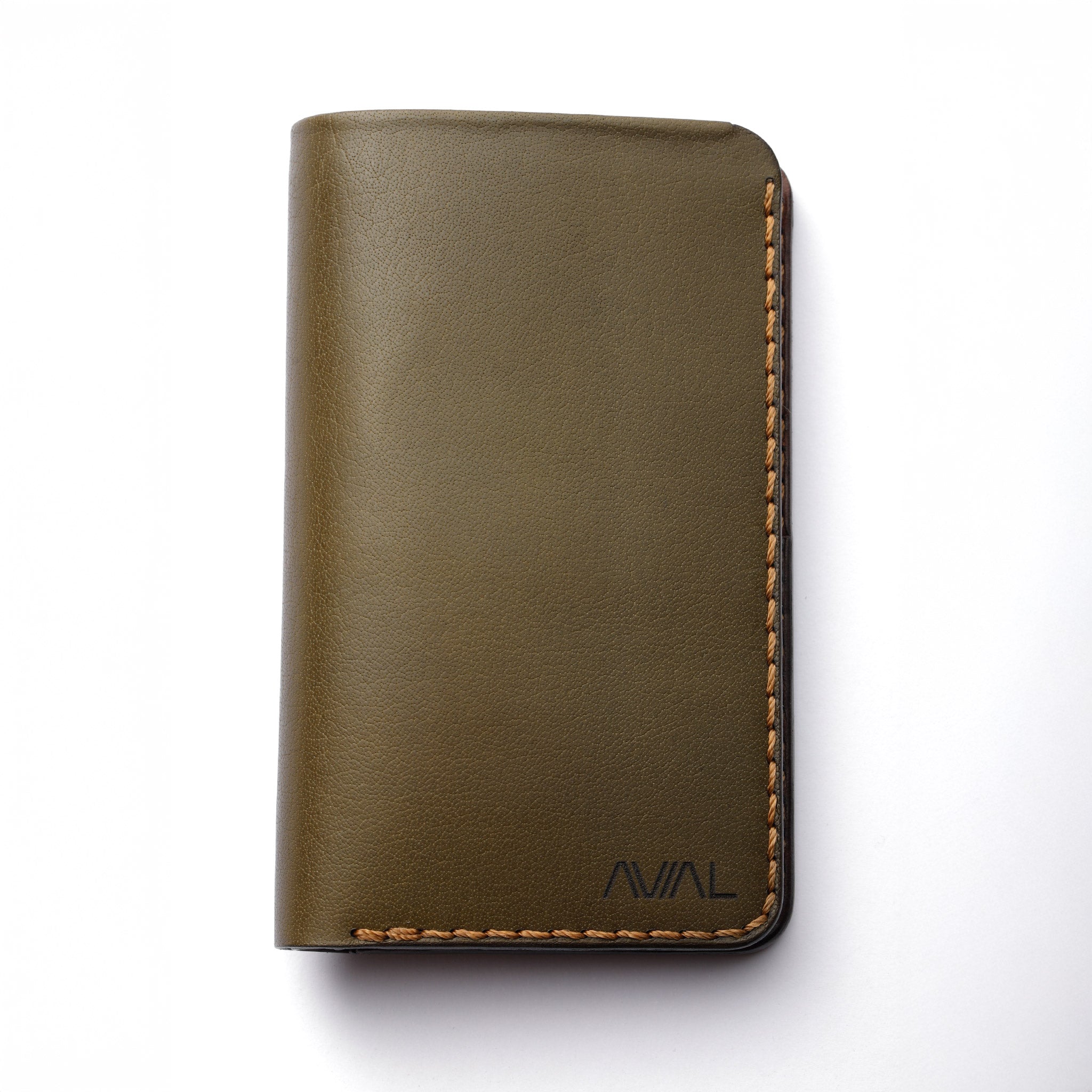 Green leather wallet with brown stitching on a white background maverick two-tone long wallet, men's wallet, olive green and brown, luxury leather good