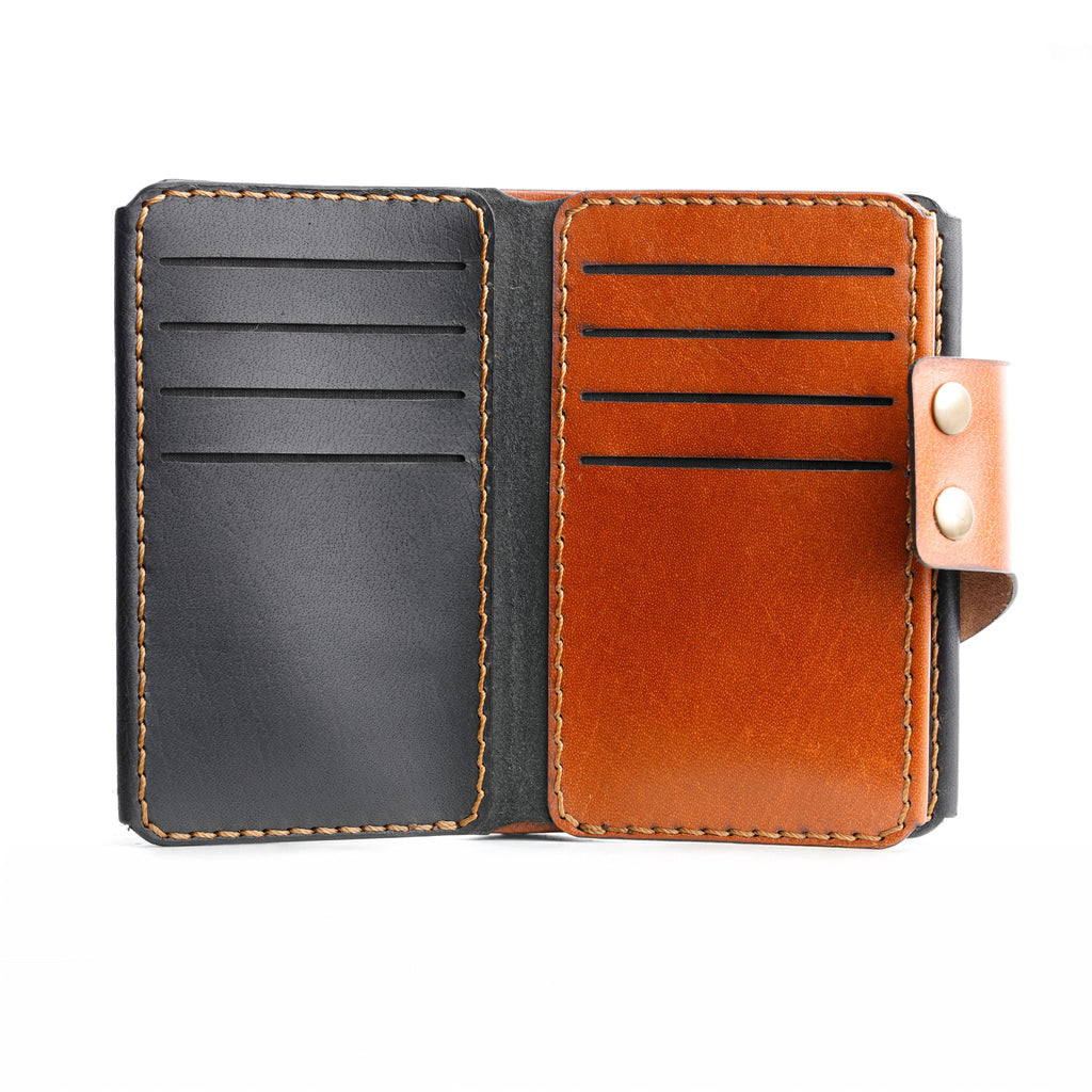 inside view of 12 card slots wallet, cash compartment, 1 hidden slot, ID window, dual tone wallet