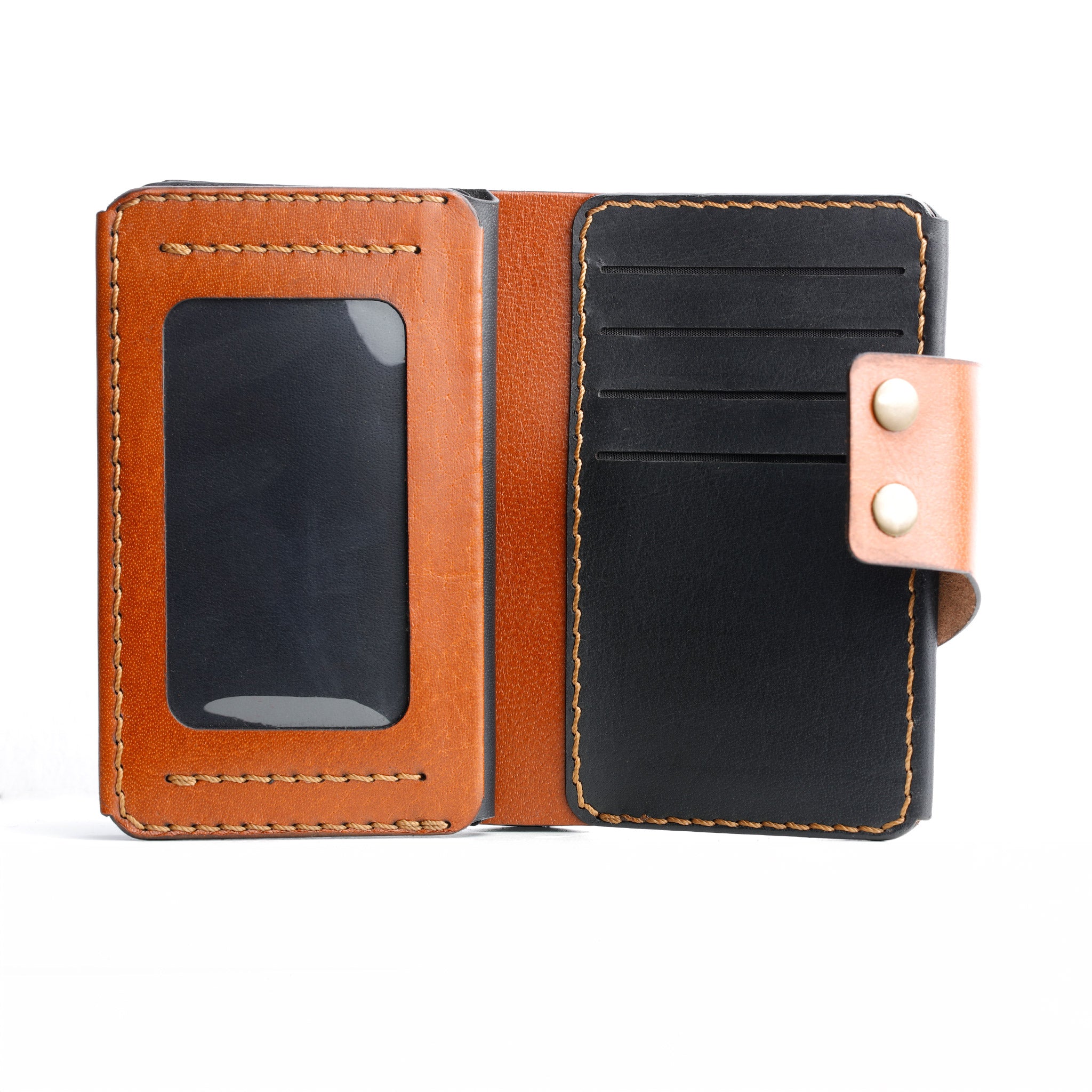 An interior view of the Maverick 2.1 leather wallet, highlighting the clear ID window and multiple card slots.